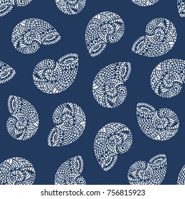 Seamless pattern with hand drawn spiral shells. Marine theme. Vector illustration.