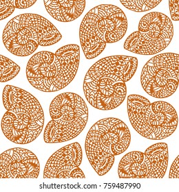 Seamless pattern with hand drawn spiral shells. Marine theme. Vector illustration.