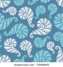 Seamless pattern with hand drawn spiral seashells. Marine theme. Vector illustration