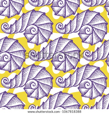 Seamless pattern with hand drawn spiral seashells. Marine theme. Vector illustration