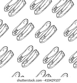 Seamless pattern with hand drawn sport shoes or sneakers. Wrapping paper. Vector stock illustration for shoe shop. 
