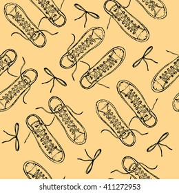 Seamless pattern with hand drawn sport shoes or sneakers with small bow on background. Wrapping paper. Vector stock illustration for shoe shop.