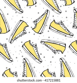 Seamless pattern with hand drawn sport shoes or sneakers. Wrapping paper. Vector stock illustration for shoe shop. Background with stars.