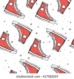 Seamless Pattern With Hand Drawn Sport Shoes Or Sneakers. Wrapping Paper. Vector Stock Illustration For Shoe Shop. Background With Stars. Red Shoes.