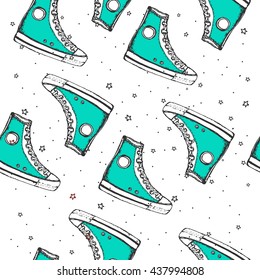 Seamless pattern with hand drawn sport blue shoes or sneakers. Wrapping paper. Vector stock illustration for shoe shop. Background with blue shoes.