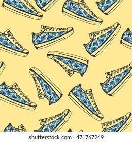 Seamless pattern with hand drawn sport blue shoes or sneakers. Wrapping paper. Vector stock illustration for shoe shop. Yellow background with blue shoes.
