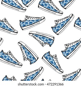 Seamless pattern with hand drawn sport blue shoes or sneakers. Wrapping paper. Vector stock illustration for shoe shop. Yellow background with blue shoes.