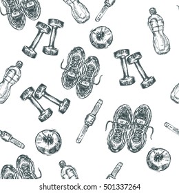 Seamless Pattern With Hand Drawn Sport And Fitness Items