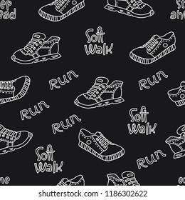 Seamless pattern with hand drawn sports and outdoor shoes with lettering. Vector pattern on black background, can be used for wrapping paper, decorate a shoe store