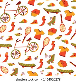 Seamless Pattern of Hand Drawn Sports and Healthy Lifestyle Elements on the White Background.