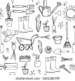 Seamless pattern with hand drawn spring flowers and garden tools. Gardening, spring vector illustration.