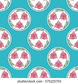 Seamless pattern of hand drawn spring Lilly flowers in circles. Floral frame in repeat vintage background. Vector Illustration.