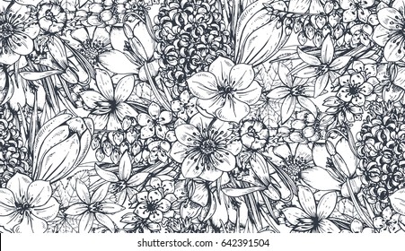 Seamless pattern with hand drawn spring flowers and plants in sketch style. Monochrome vector endless nature background.