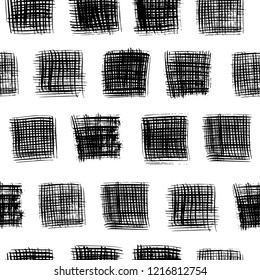 Seamless pattern with hand drawn squares. Monochrome hand drawn texture. Ink illustration. Abstract background with squares. Cute pattern from brush strokes.