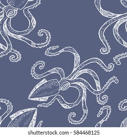 Seamless pattern with hand drawn squid. Vector.