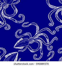 Seamless pattern with hand drawn squid. Vector.