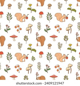 Seamless Pattern with Hand Drawn Squirrel, Flower and Leaf Design on White Background