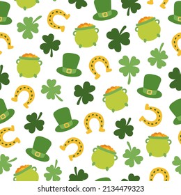 Seamless pattern with hand drawn St. Patrick's Day elements. Pattern with Irish hats, shamrocks, clovers, horseshoes and gold pots