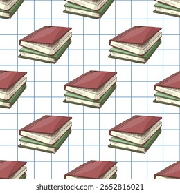 Seamless pattern with hand drawn stacked vintage books on squared background. Perfect for school projects, libraries, wrapping paper, digital papers, and education-themed designs.