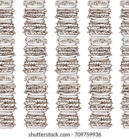 Seamless pattern with hand drawn stacks and piles of burgers. Brown and white image. Vector illustration.