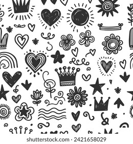 Seamless pattern hand drawn star, heart, crown, flower, sun