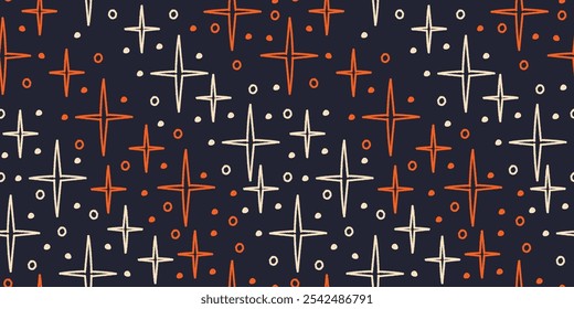 Seamless pattern with hand drawn star sparkle shine on dark blue. Charcoal pen drawn star shine glow, spark glitter, sparkle light. Modern print for textile, fabric, wallpaper, wrapping and packaging