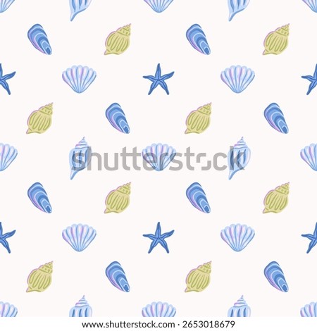 Seamless pattern of hand drawn starfish and seashells in blue and green. Decorative marine vector illustration. Summer beach and ocean nature.