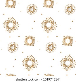 Seamless pattern of hand drawn stars, with rays. Vector illustration, isolated on white background. Sample in file.
