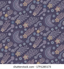 Seamless pattern with hand drawn stars and moons. Doodle vector illustration in style for posters, prints, cards, fabric, children's books.