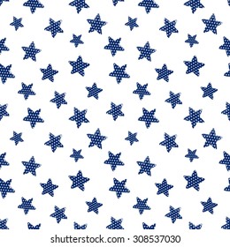 Seamless pattern with hand drawn stars. Patriotic blue seamless pattern. Vector with American symbols. USA flag. Wrapping paper. Paper for scrapbook. Nautical background.