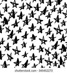 Seamless pattern with hand drawn stars. Brush strokes. Ink illustration. Polka dot texture. Print with hand drawn stars.