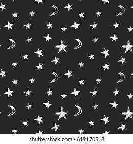 Seamless pattern with hand drawn stars and crescent moons in grunge style. Vector illustration
