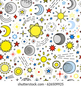 Seamless pattern with hand drawn stars, sun and moon.