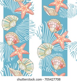 Seamless pattern with hand drawn stars and shells. Vertical endless stripes.