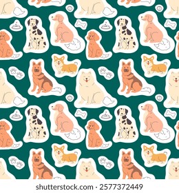 Seamless pattern with hand drawn stickers of different breeds of dogs