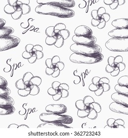 Seamless pattern with hand drawn stones pyramids and flowers. Vector texture with sketchy spa stones in vintage style. Spa theme print perfect for textile or fall fashion