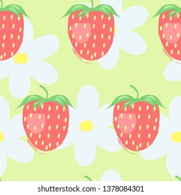 Seamless pattern with hand drawn strawberries, childish motive, trendy background