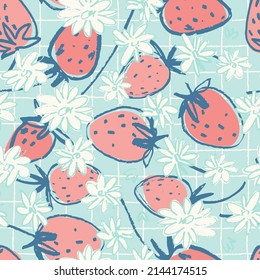 Seamless pattern with hand drawn strawberries for surface design and other design projects. Gardening, summer, healthy food themes