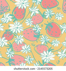 Seamless pattern with hand drawn strawberries for surface design and other design projects. Gardening, summer, healthy food themes