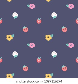 Seamless Pattern with Hand Drawn Strawberry and Flower Design on Dark Blue Background