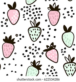 Seamless pattern with hand drawn strawberry. Cute minimalistic childish background. Vector Illustration.