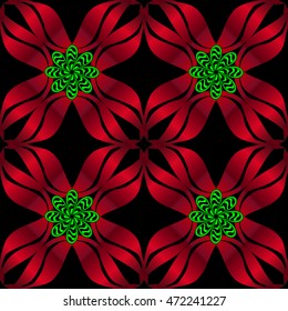 seamless pattern hand drawn stripe flowers with green petals on dark background