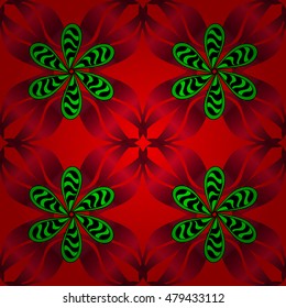 seamless pattern hand drawn stripe flowers with green and black petals and grey pattern on red background