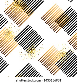 Seamless pattern with hand drawn striped squares and golden confetti. Vector illustration.