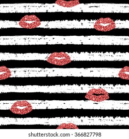 Seamless pattern with hand drawn striped and red glitter lips, for wrapping, wallpaper, textile, invitation, wedding cards, EPS10