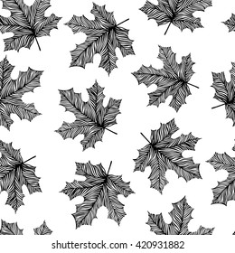 Seamless pattern with hand drawn striped maple leaves.