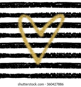 Seamless pattern with hand drawn stripes and gold glitter heart, for wrapping, wallpaper, textile, invitation, wedding cards