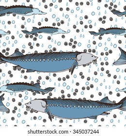 Seamless pattern with hand drawn sturgeon adult and juvenile fishes. white background with water drops and caviar. vector illustration
