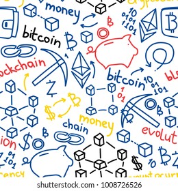 seamless pattern in hand drawn style for cryptocurrency, vector illustration