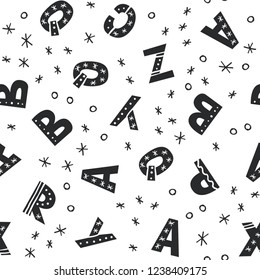 Seamless pattern with hand drawn style latin alphapet. Cut isolated vector illustration for your kids background, wallpaper design. Doodle sketch style. 